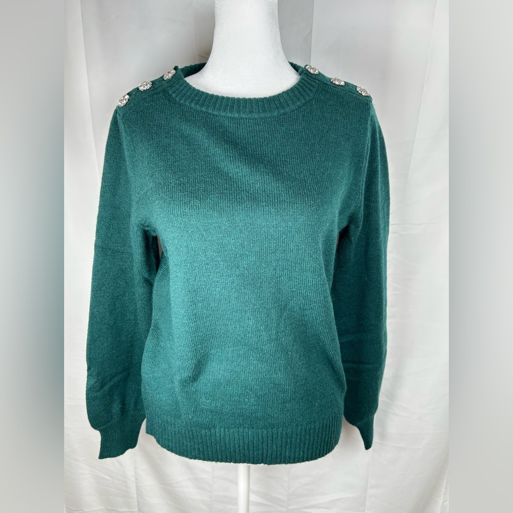 J Crew Lambswool Sweater Small Green Jeweled Button Shoulder Crewneck